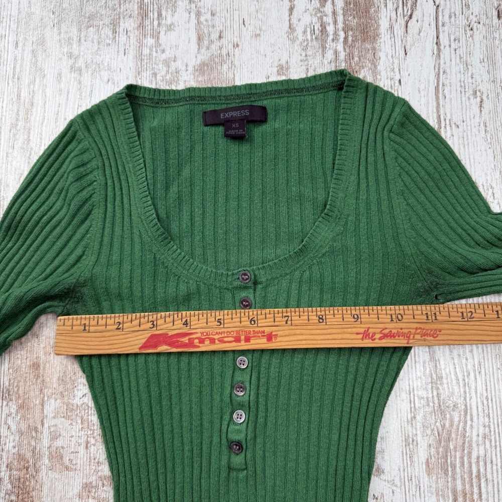 VTG Y2K Express Green Ribbed Henley Scoop Neck Long Sleeve Top Size XS Fitted - Picture 7 of 8